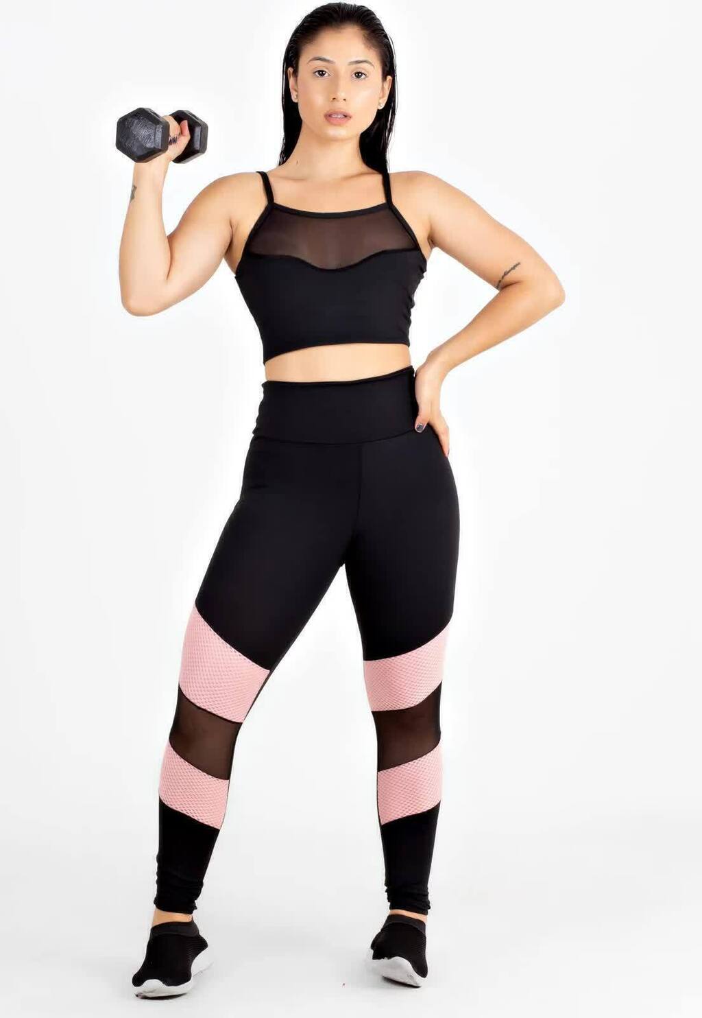 Calça Legging Feminina Cintura Alta Preta Com Betalhe Rosa E Em Tela Transparente