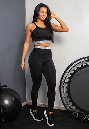 Conjunto Feminino Fitness Cropped Calça Legging Com Elástico Preto