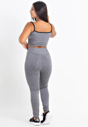 Conjunto Fitness Feminino Cropped Cinza e Calça Legging Cinza Faixa Detalhada